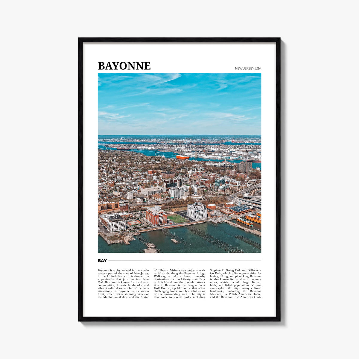 Bayonne, New Jersey colorful travel poster of New Jersey, USA – vertical wall art, unframed print shown in interior mockup