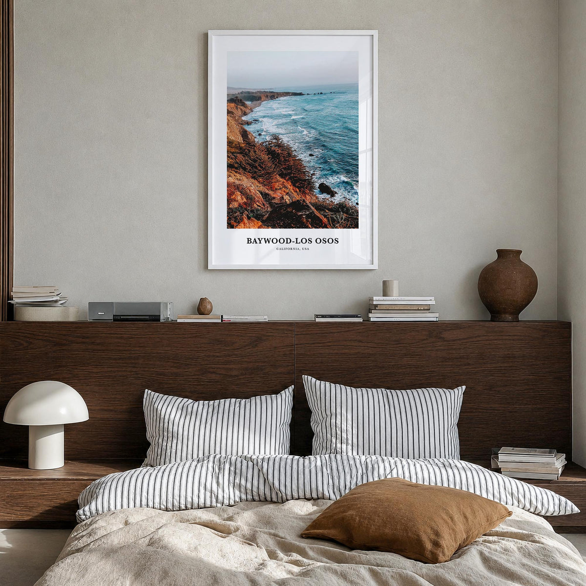 Baywood-Los Osos colorful classic poster of California, USA – vertical wall art in white wood frame, hanging on wall