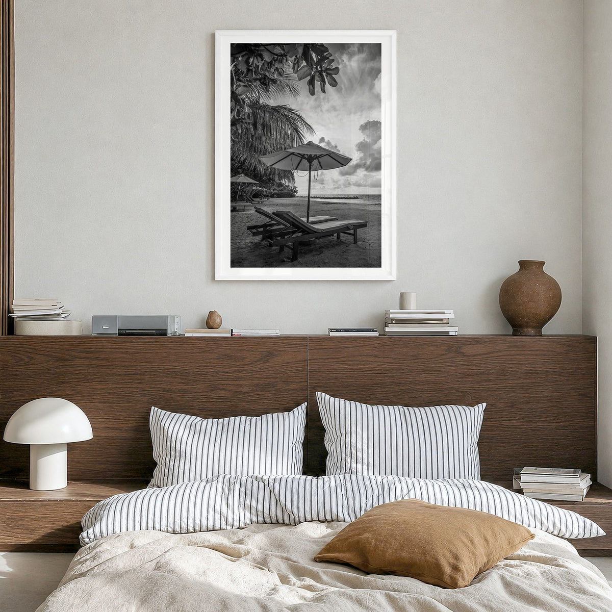 Beach Photo No 1 Poster in a white wood frame, hanging in a bedroom, white border