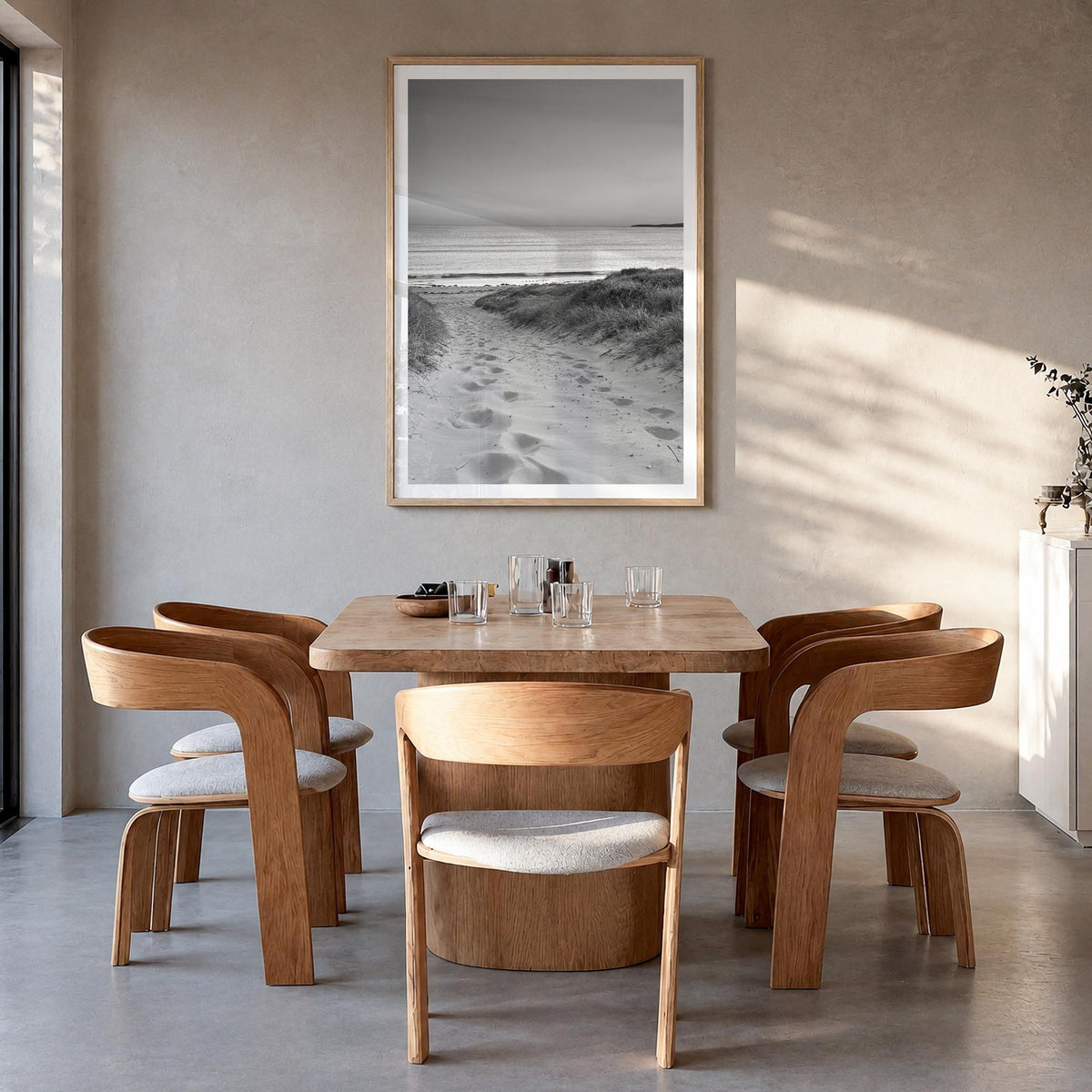 Beach Trail no. 1 black & white photo poster – vertical wall art in natural wood frame with white border, hanging on wall