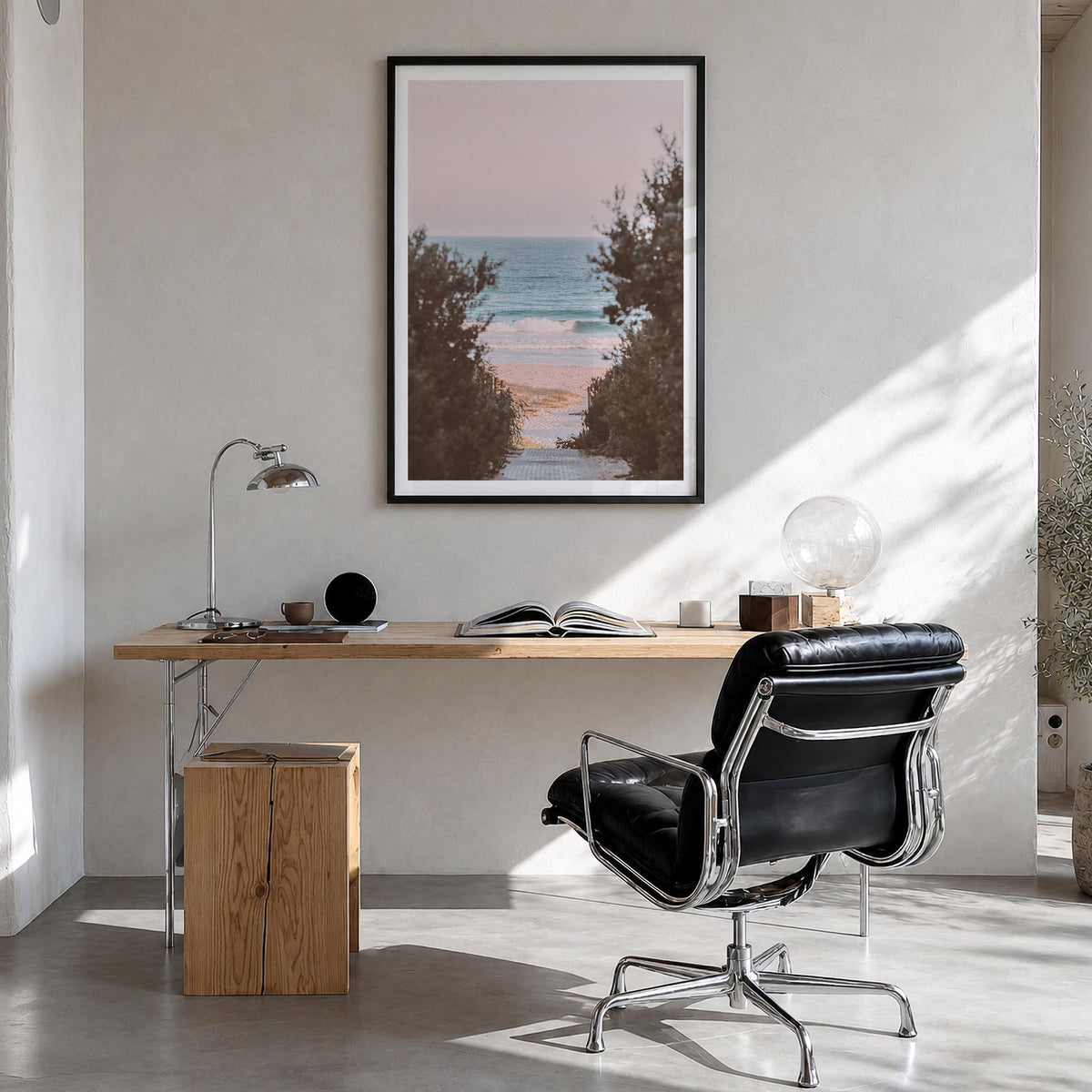 Beach Trail no. 1 colorful photo poster – vertical wall art in black wood frame with white border, hanging on wall