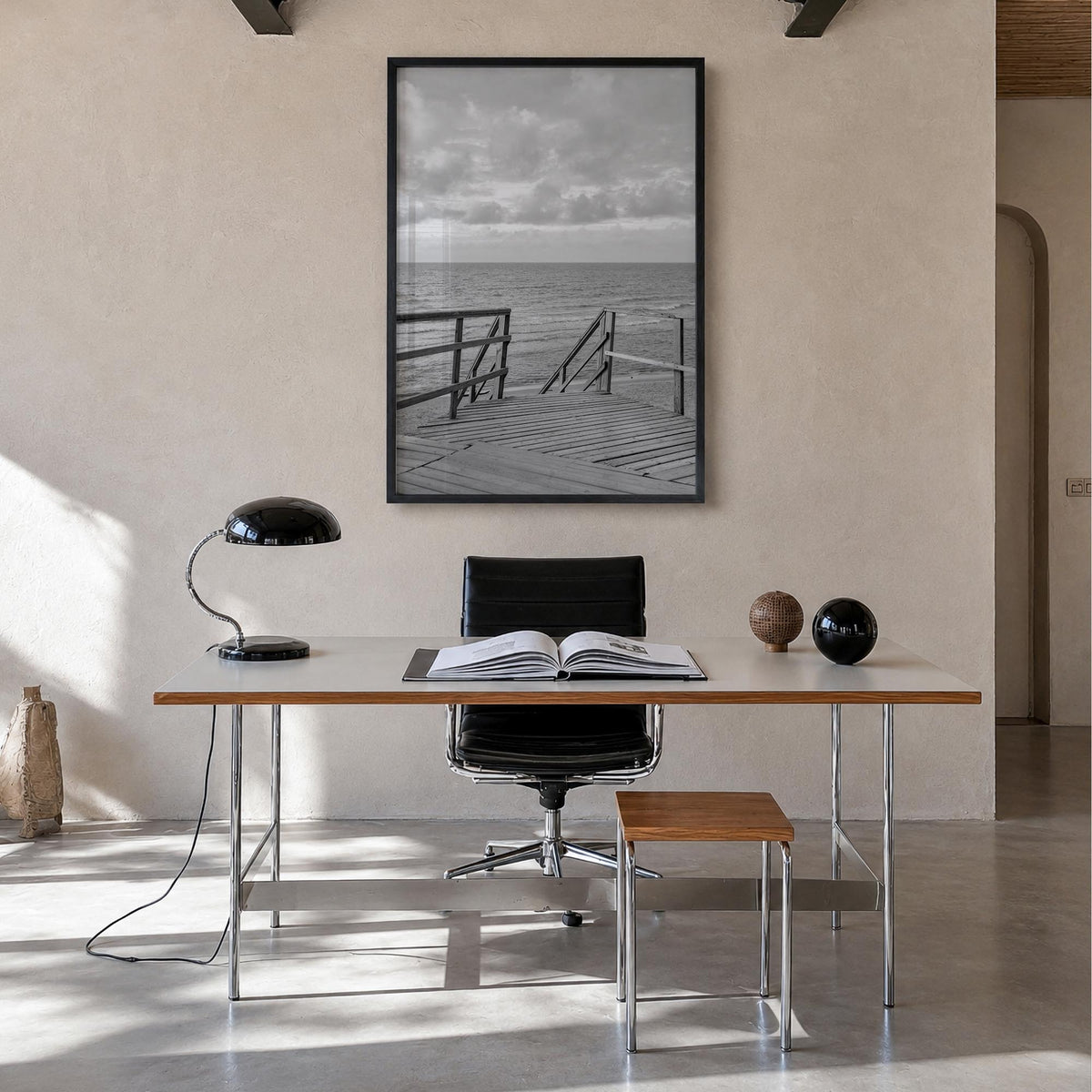 Beach Trail no. 2 black & white photo poster – vertical wall art in black wood frame, hanging on wall