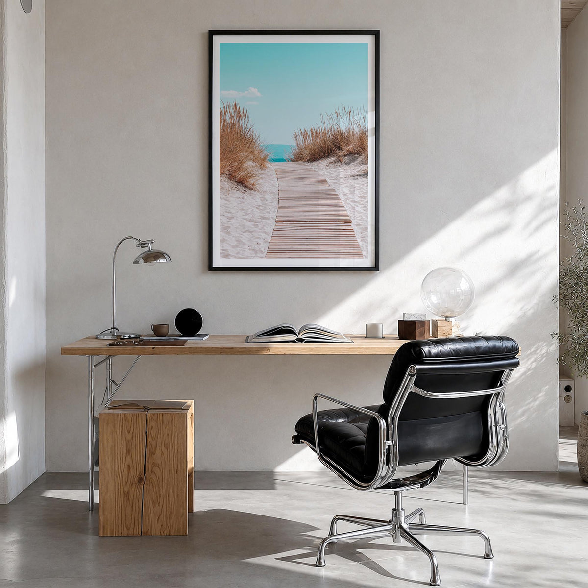 Beach Trail no. 2 colorful photo poster – vertical wall art in black wood frame with white border, hanging on wall