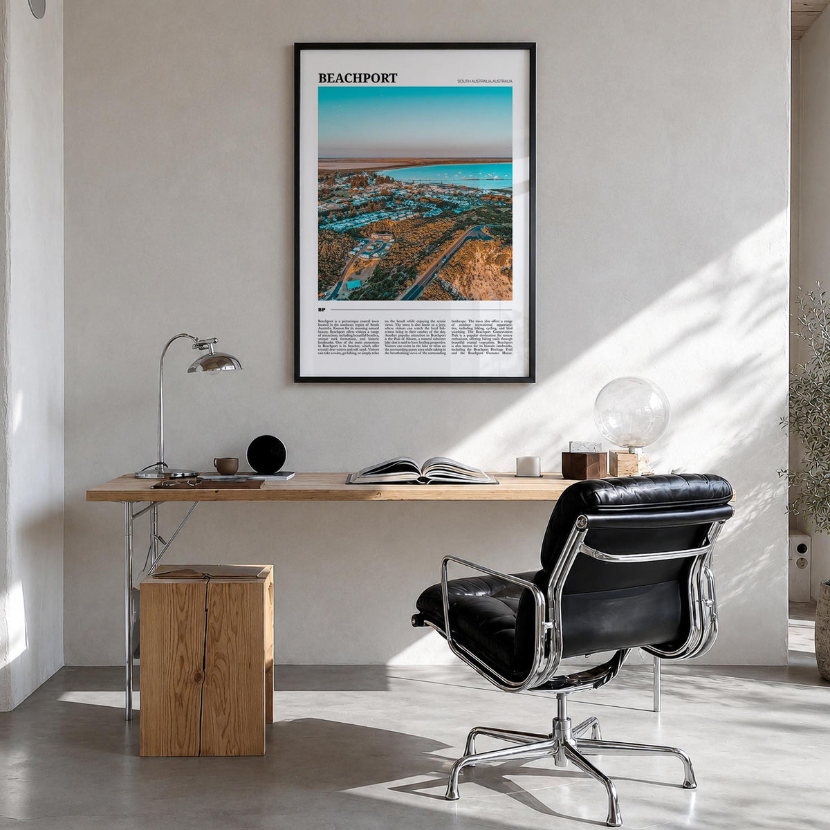 Beachport colorful travel poster of Australia – vertical wall art in black wood frame, hanging on wall