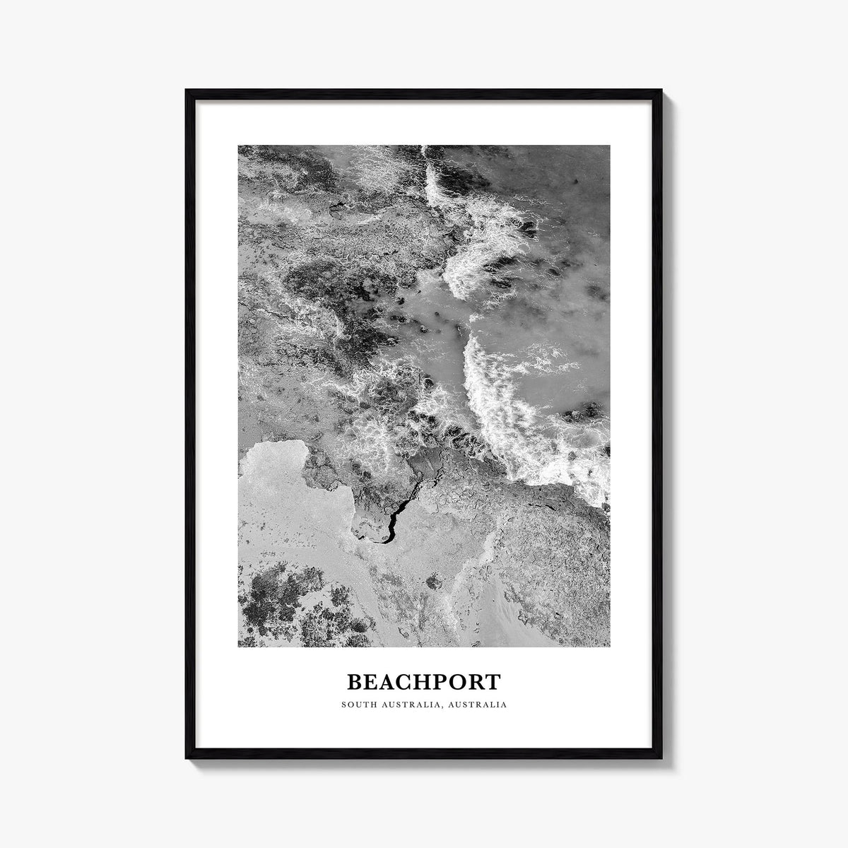 Beachport no. 1 black & white classic poster of Australia – vertical wall art, unframed print shown in interior mockup