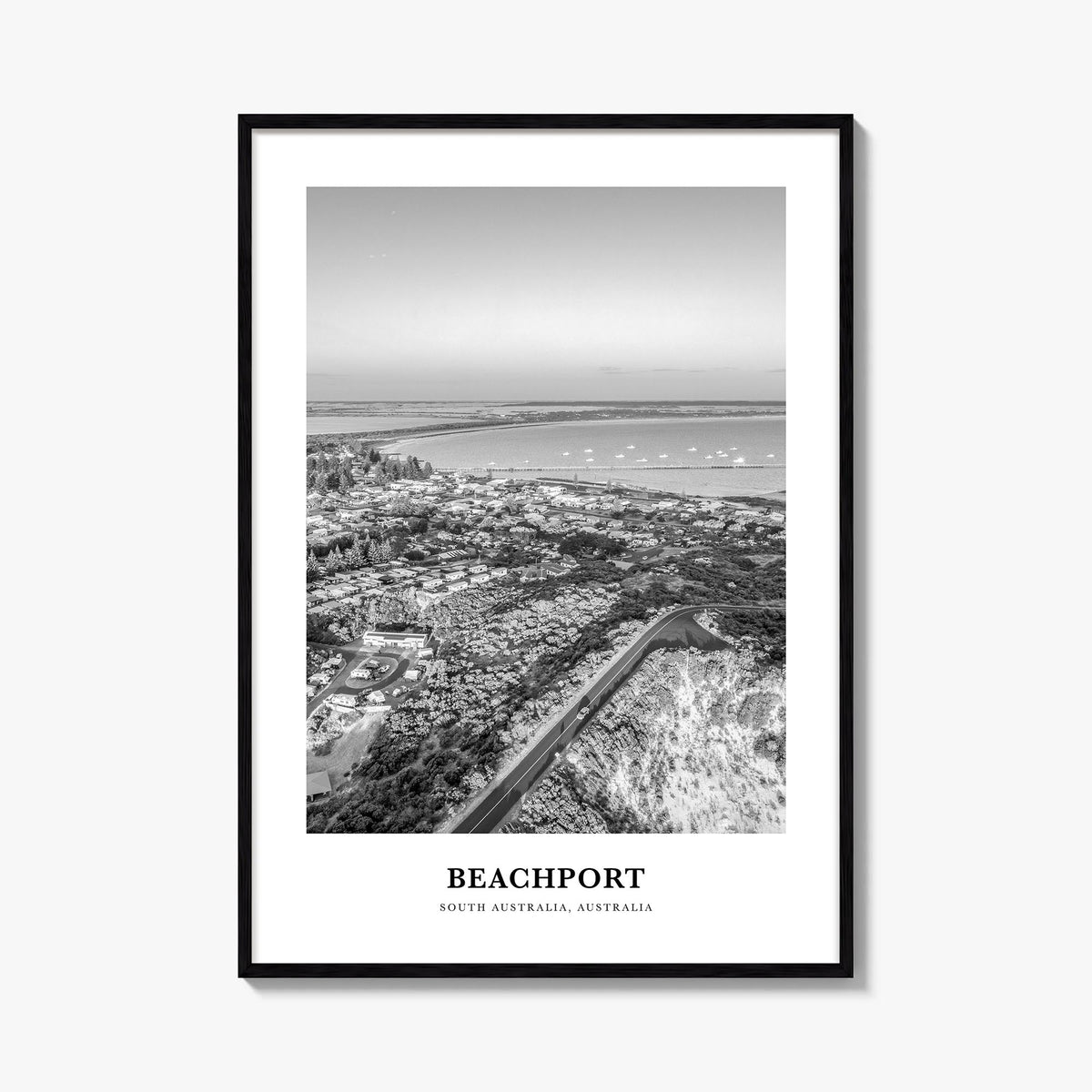 Beachport no. 2 black & white classic poster of Australia – vertical wall art, unframed print shown in interior mockup