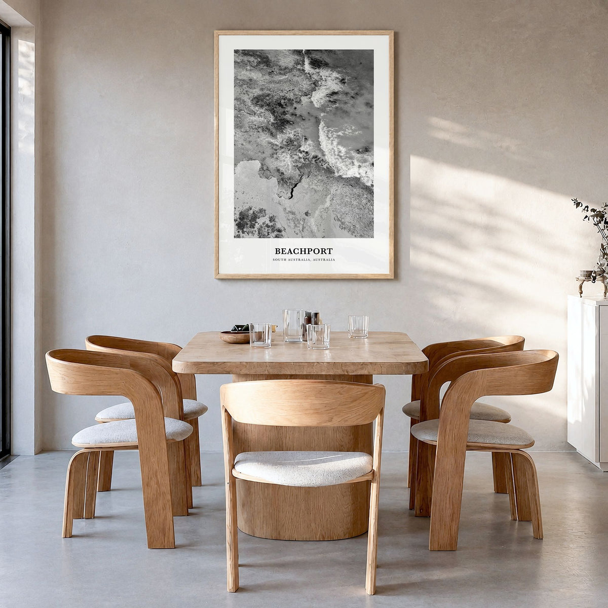 Beachport Classic No 1 Poster in a natural wood frame, hanging in a dining room