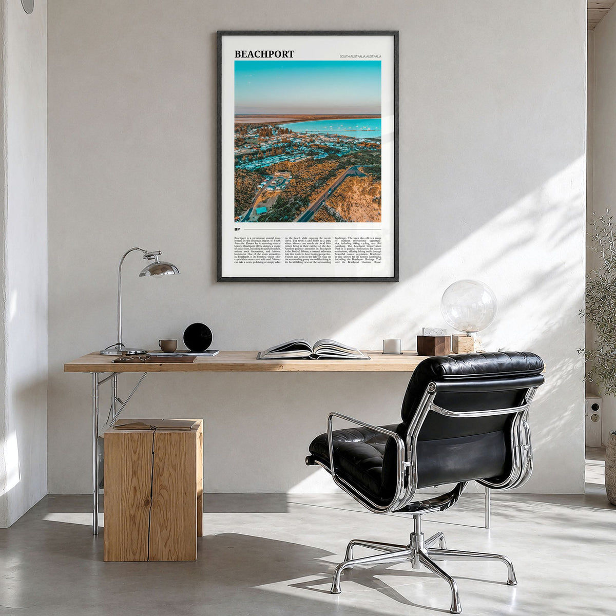 Beachport Travel Poster in a black wood frame, hanging in a bright home office