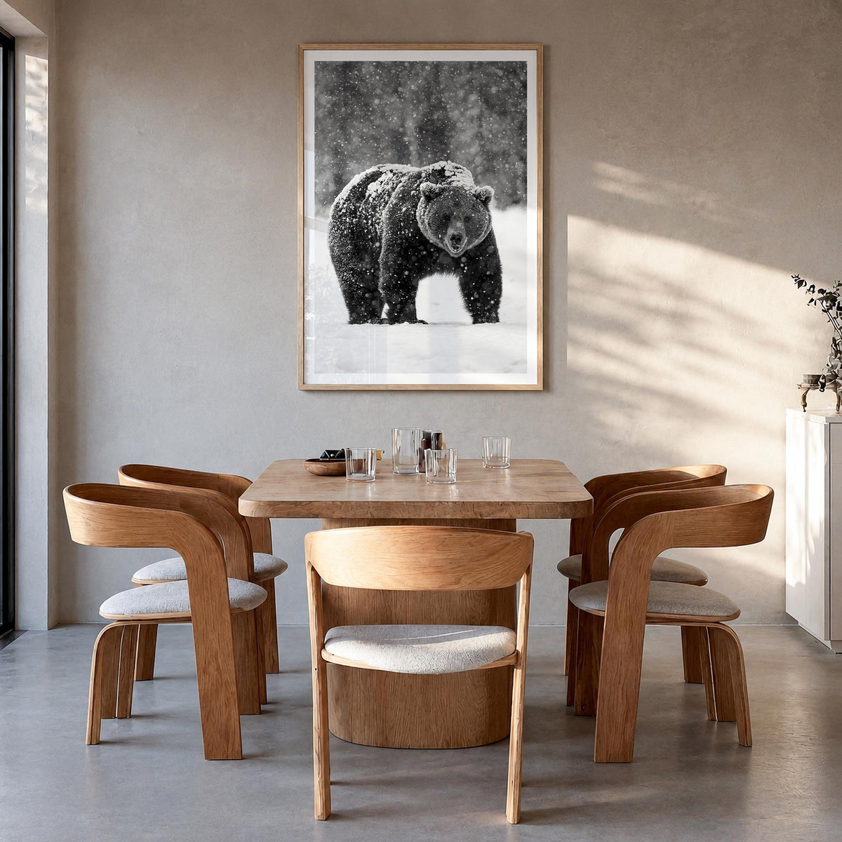 Bear no. 2 black & white photo poster – vertical wall art in natural wood frame with white border, hanging on wall