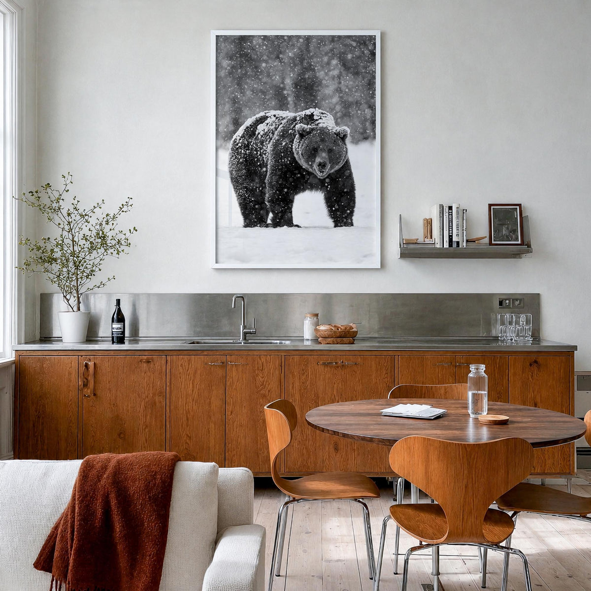 Bear no. 2 black & white photo poster – vertical wall art in white wood frame, hanging on wall