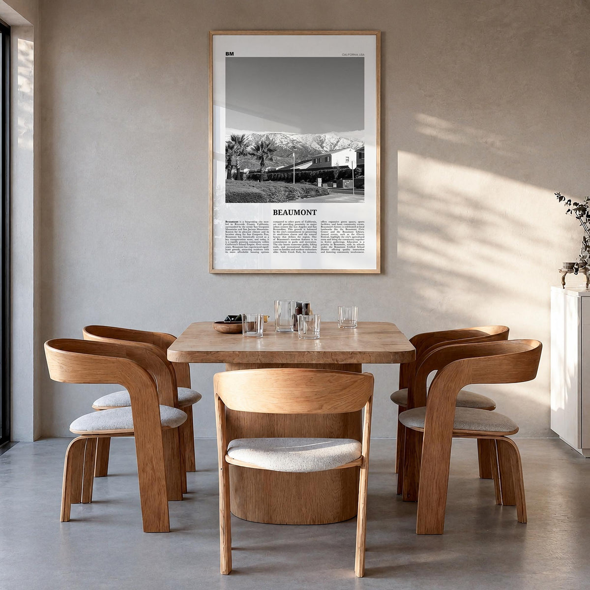 Beaumont, California black & white newspaper poster of California, USA – vertical wall art in natural wood frame, hanging on