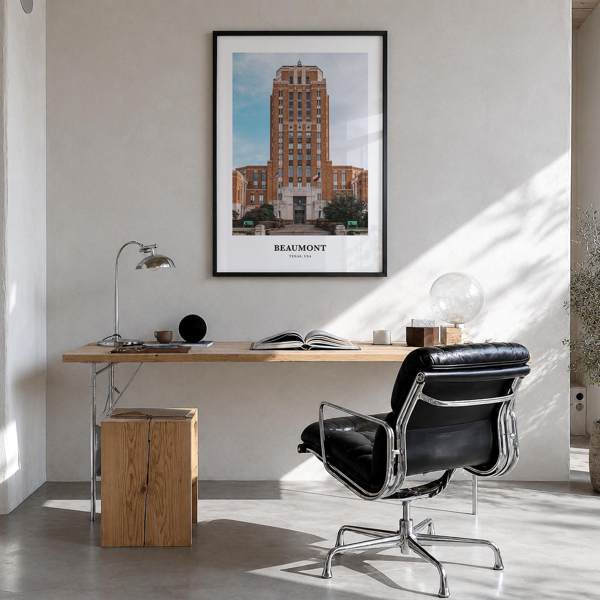 Beaumont, Texas colorful classic poster of Texas, USA – vertical wall art in black wood frame, hanging on wall