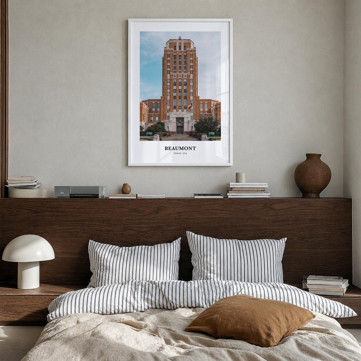 Beaumont, Texas colorful classic poster of Texas, USA – vertical wall art in white wood frame, hanging on wall