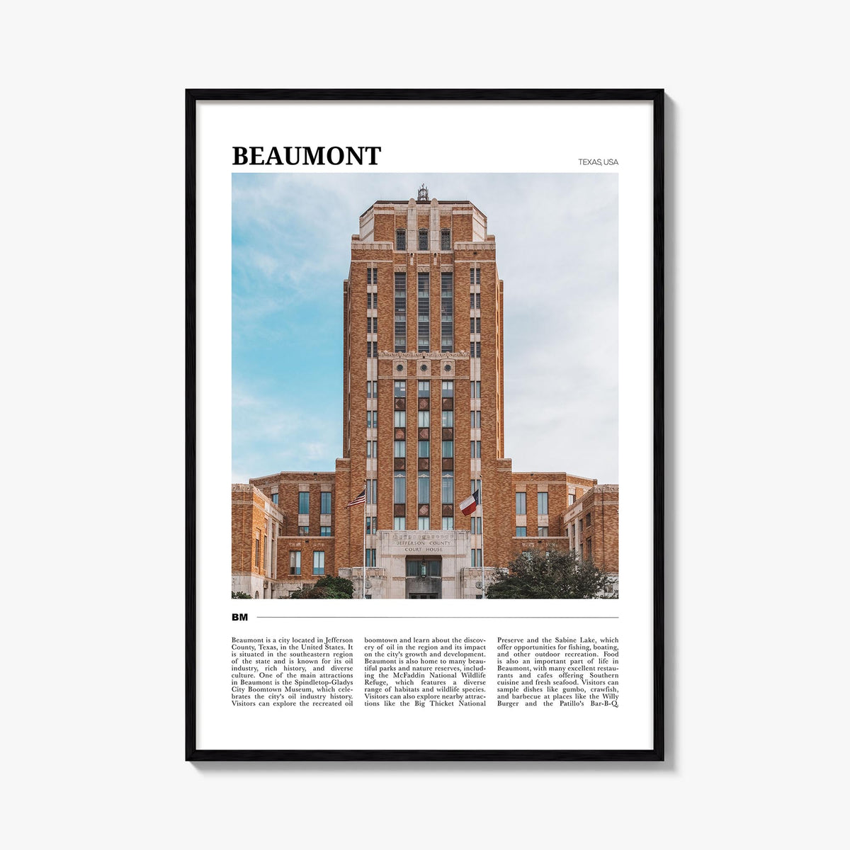 Beaumont, Texas colorful travel poster of Texas, USA – vertical wall art, unframed print shown in interior mockup