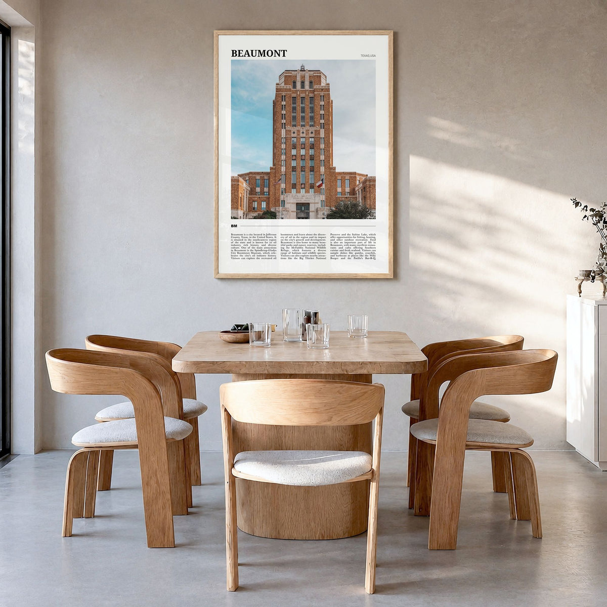 Beaumont, Texas Travel Poster in a natural wood frame, hanging in a dining room