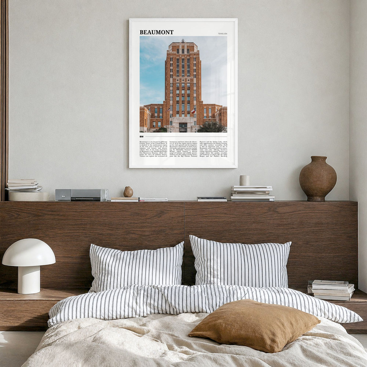 Beaumont, Texas Travel Poster in a white wood frame, hanging in a bedroom