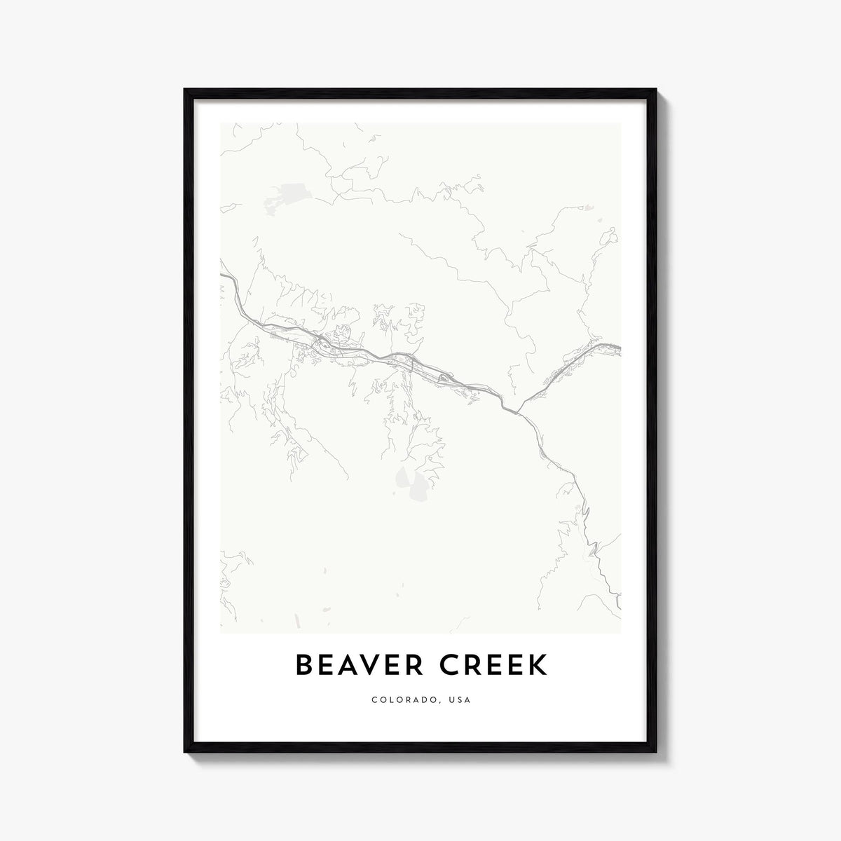 Beaver Creek black & white map poster of Colorado, USA – vertical wall art, unframed print shown in interior mockup