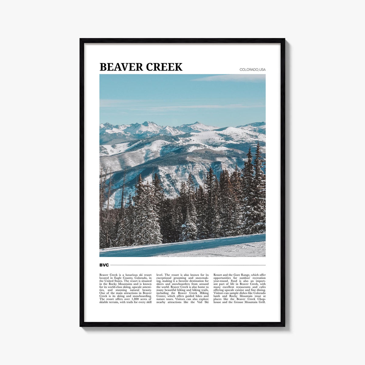 Beaver Creek colorful travel poster of Colorado, USA – vertical wall art, unframed print shown in interior mockup