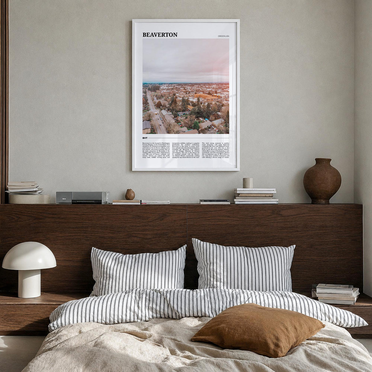 Beaverton colorful travel poster of Oregon, USA – vertical wall art in white wood frame, hanging on wall