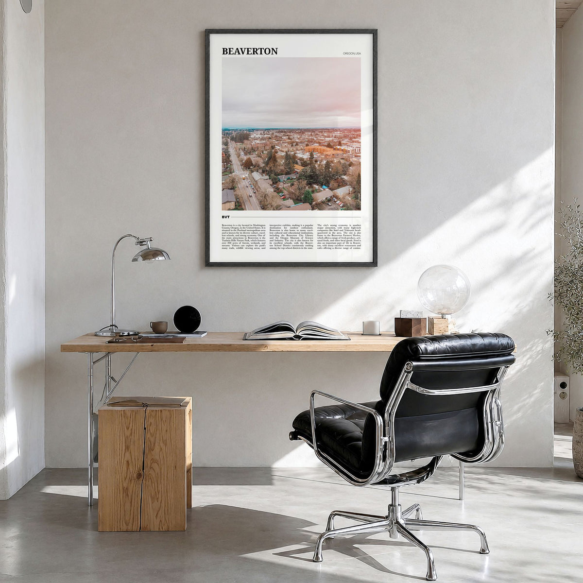 Beaverton Travel Poster in a black wood frame, hanging in a bright home office