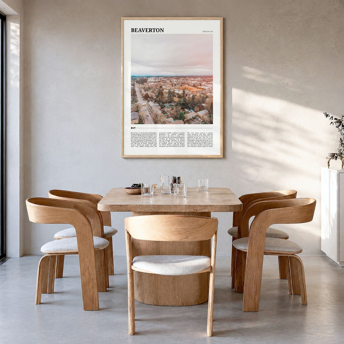 Beaverton Travel Poster in a natural wood frame, hanging in a dining room