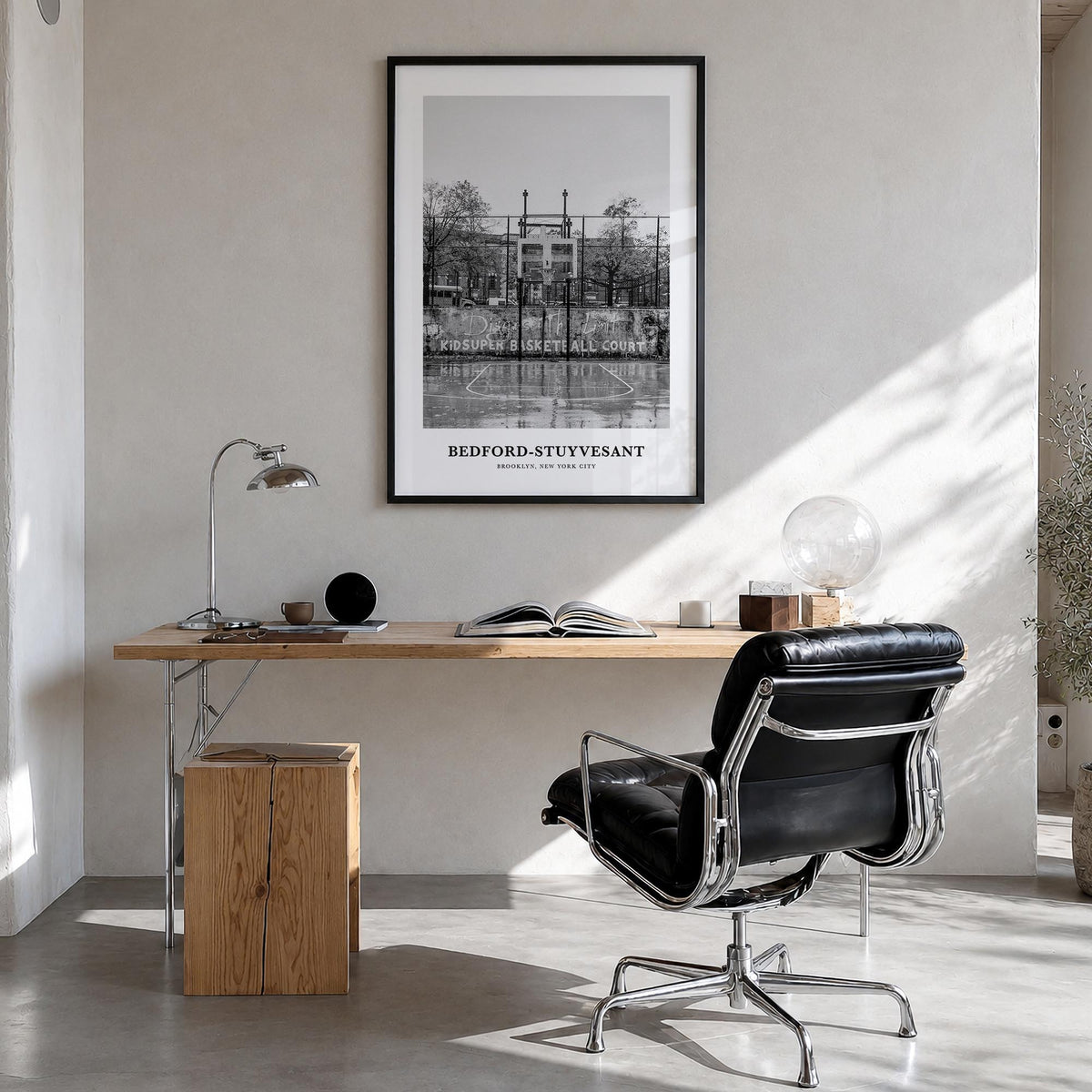 Bedford-Stuyvesant black & white classic poster of Brooklyn, New York City – vertical wall art in black wood frame, hanging o