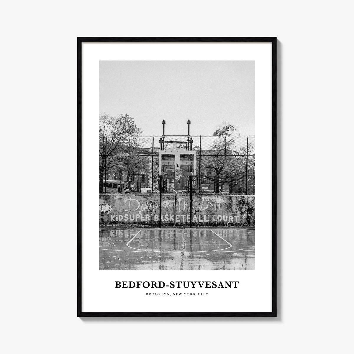 Bedford-Stuyvesant black & white classic poster of Brooklyn, New York City – vertical wall art, unframed print shown in inter