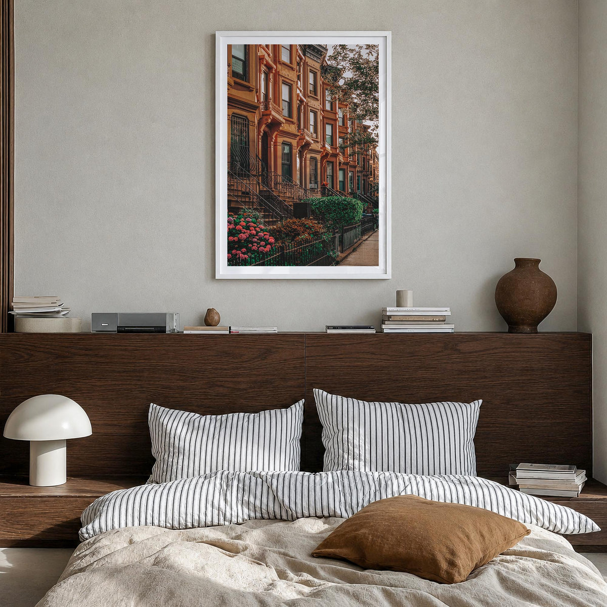 Bedford-Stuyvesant colorful photo poster of Brooklyn, New York City – vertical wall art in white wood frame with white border