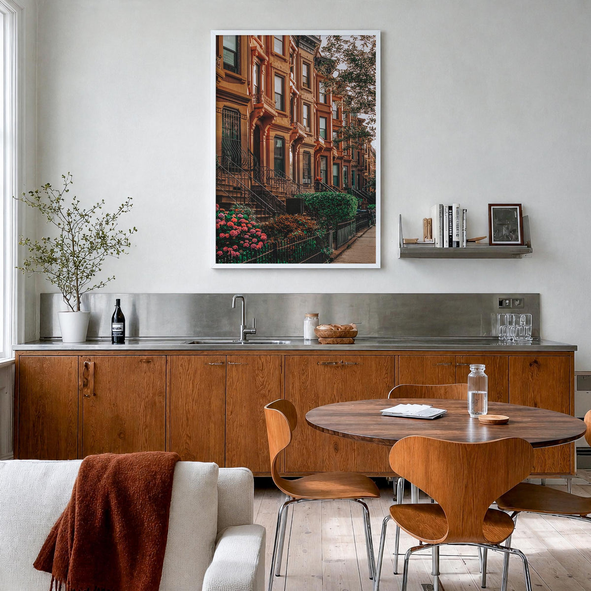 Bedford-Stuyvesant colorful photo poster of Brooklyn, New York City – vertical wall art in white wood frame, hanging on wall