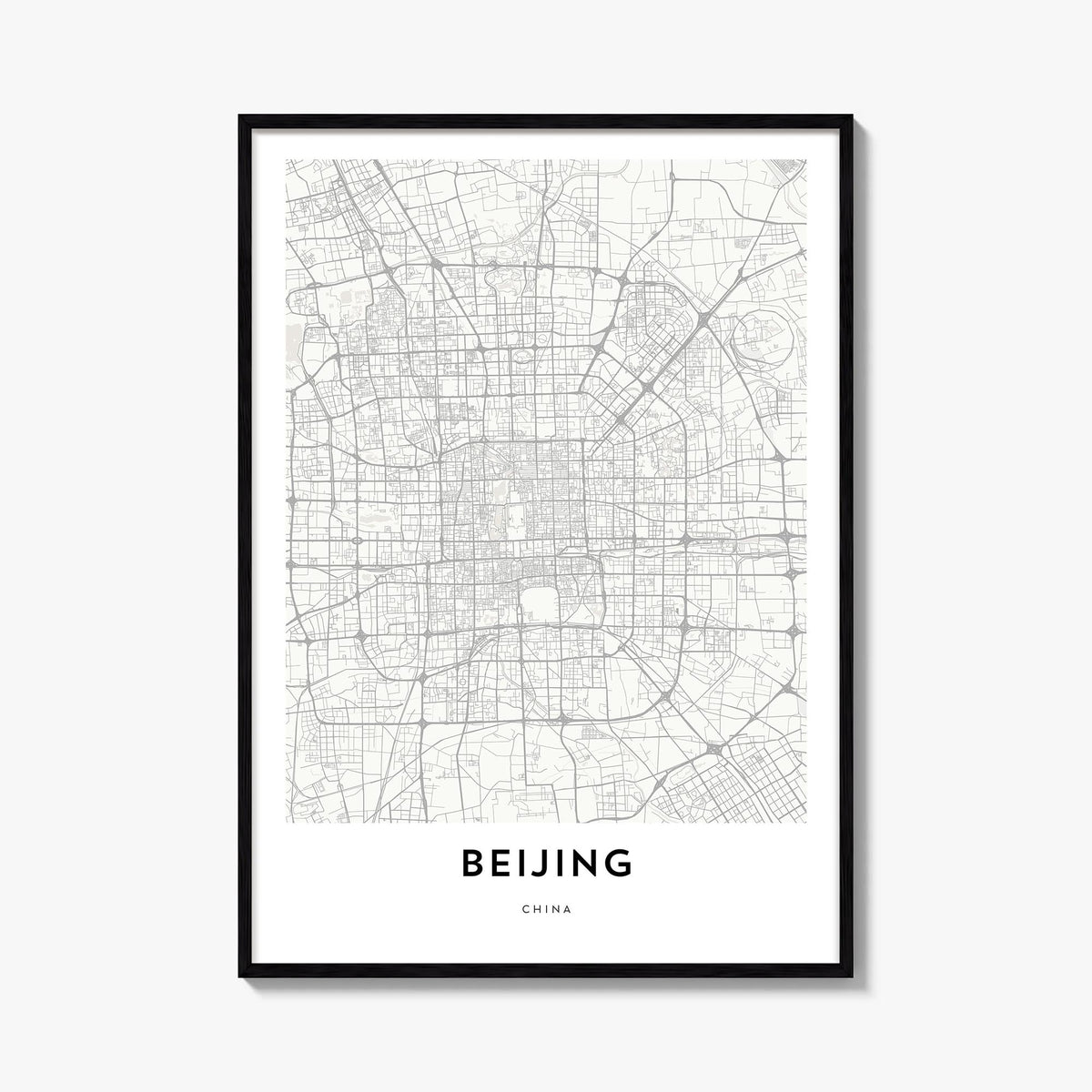 Beijing black & white map poster of China – vertical wall art, unframed print shown in interior mockup