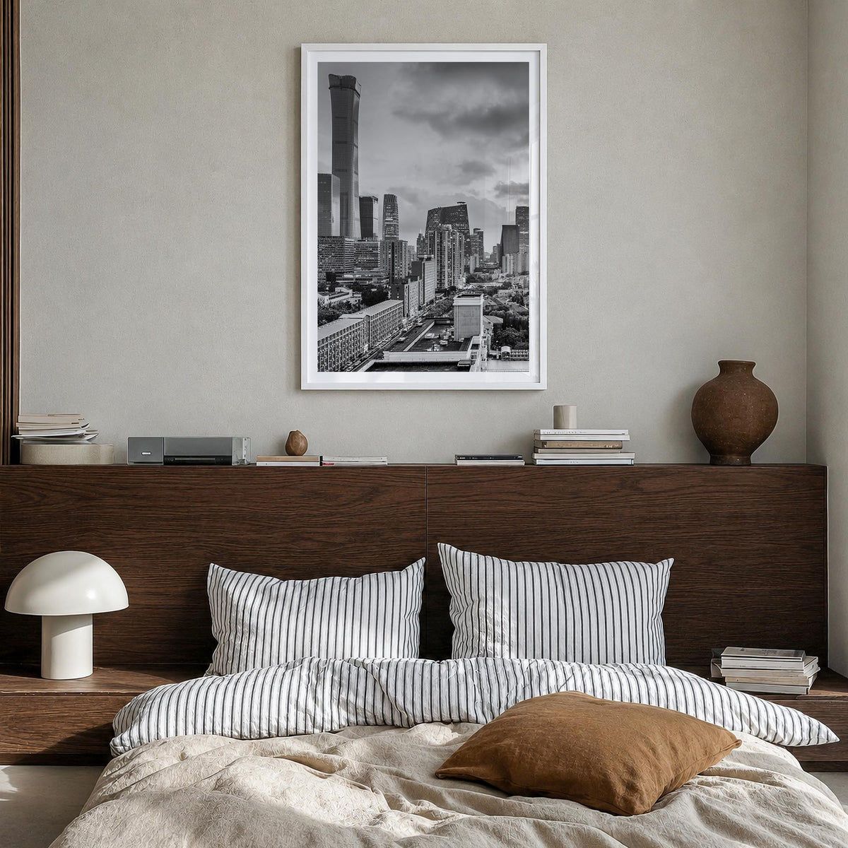 Beijing black & white photo poster of China – vertical wall art in white wood frame with white border, hanging on wall