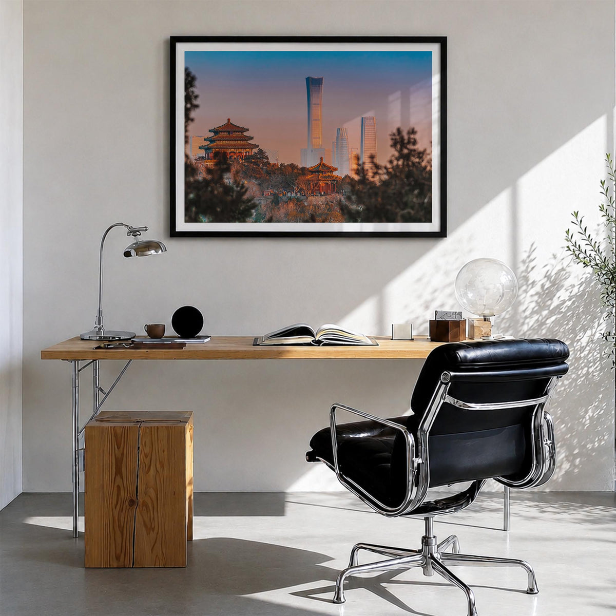Beijing colorful photo poster of China – horizontal wall art in black wood frame with white border, hanging on wall