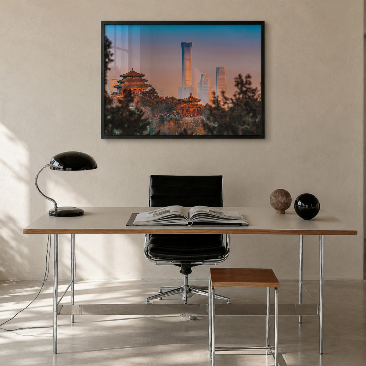 Beijing colorful photo poster of China – horizontal wall art in black wood frame, hanging on wall