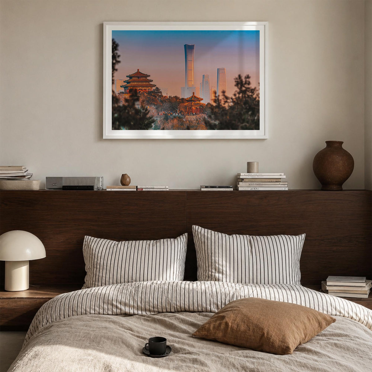 Beijing colorful photo poster of China – horizontal wall art in white wood frame with white border, hanging on wall