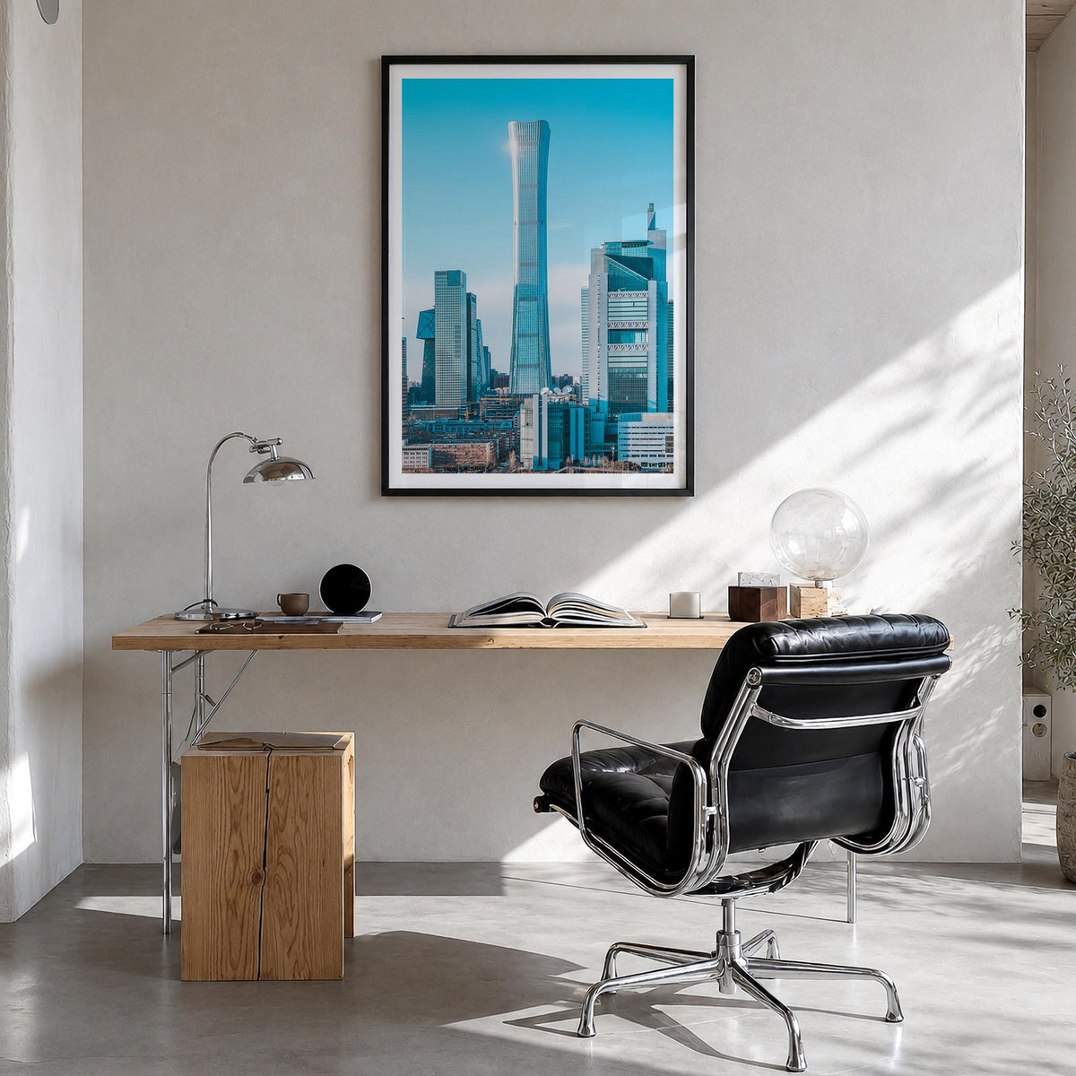 Beijing no. 1 colorful photo poster of China – vertical wall art in black wood frame with white border, hanging on wall