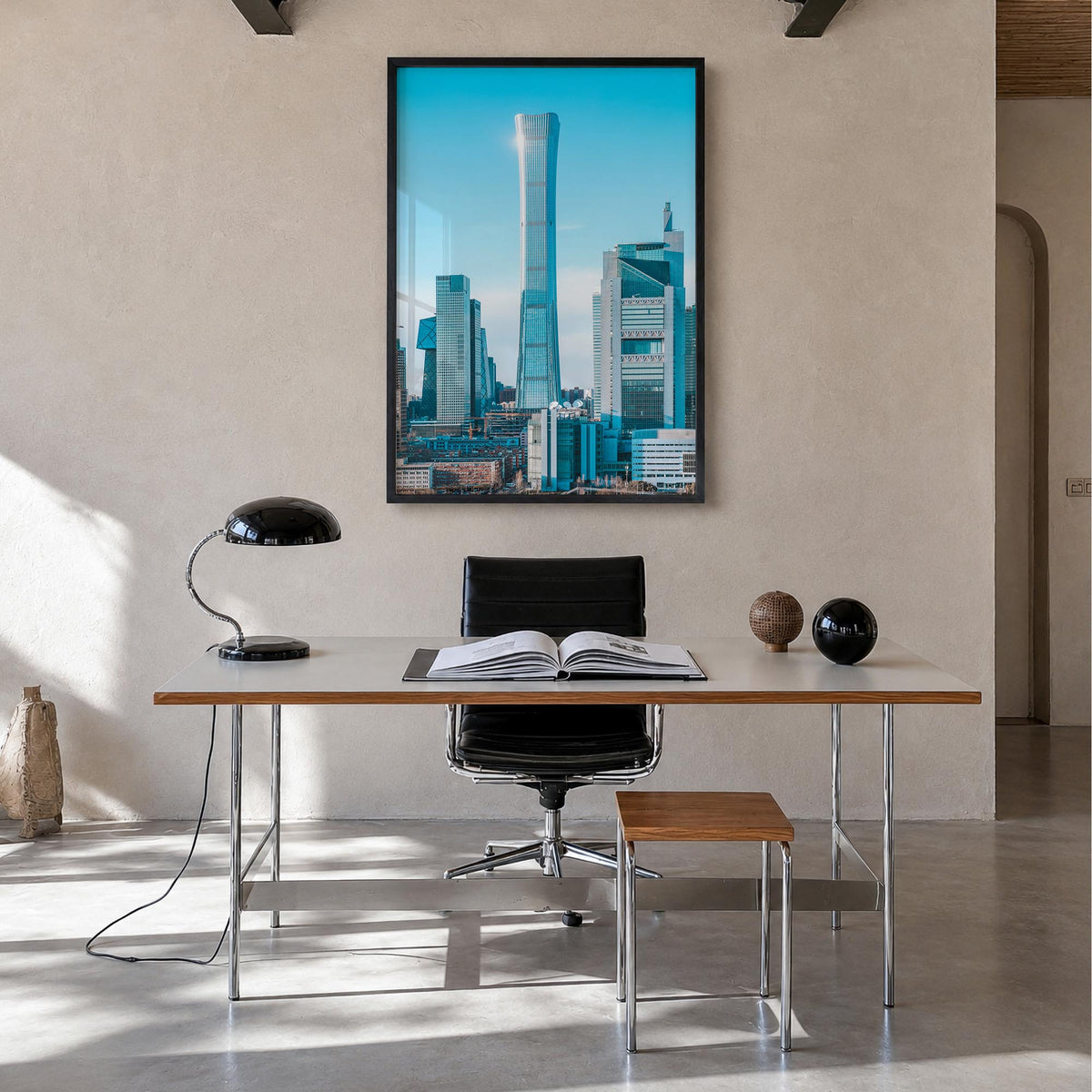 Beijing no. 1 colorful photo poster of China – vertical wall art in black wood frame, hanging on wall
