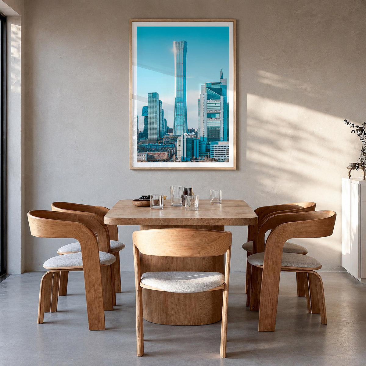 Beijing no. 1 colorful photo poster of China – vertical wall art in natural wood frame with white border, hanging on wall