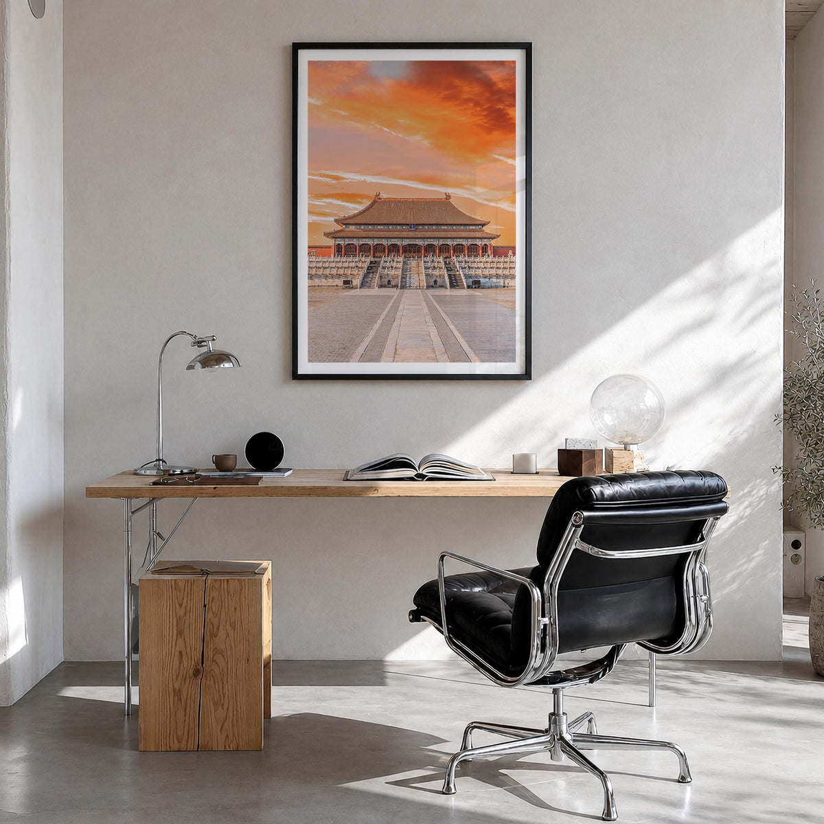 Beijing no. 2 colorful photo poster of China – vertical wall art in black wood frame with white border, hanging on wall