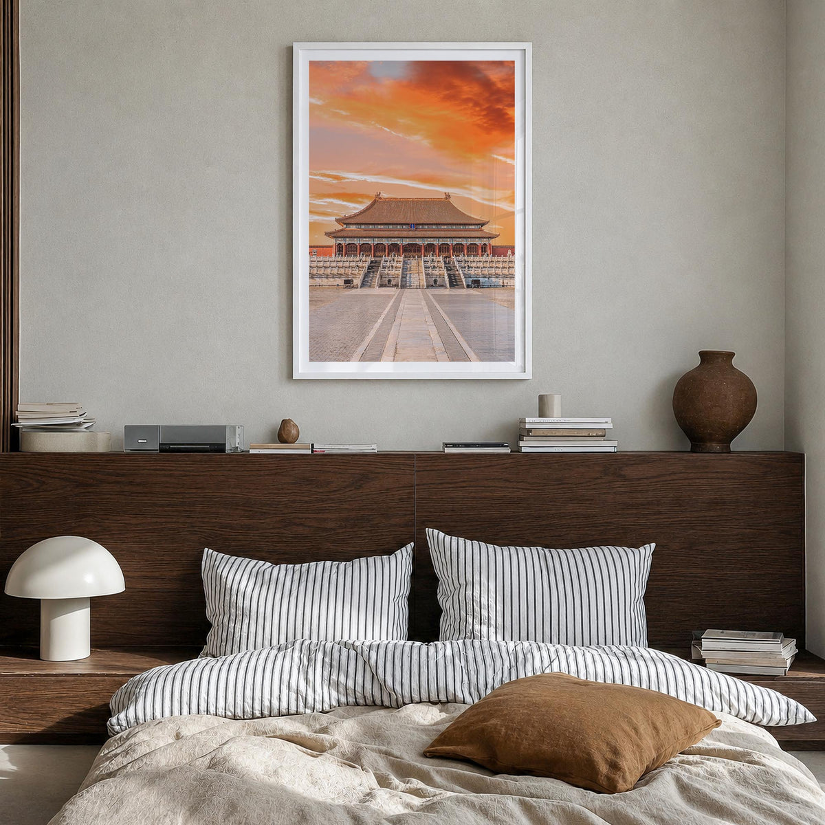 Beijing no. 2 colorful photo poster of China – vertical wall art in white wood frame with white border, hanging on wall