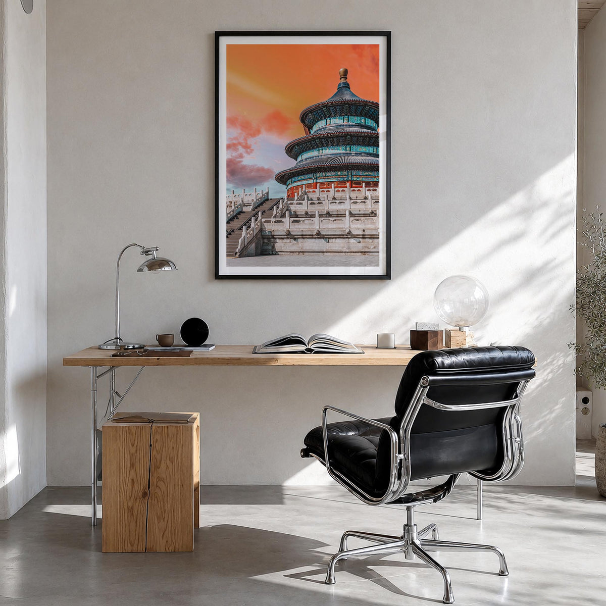 Beijing no. 3 colorful photo poster of China – vertical wall art in black wood frame with white border, hanging on wall