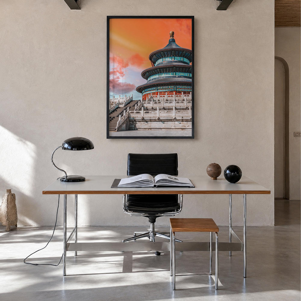 Beijing no. 3 colorful photo poster of China – vertical wall art in black wood frame, hanging on wall