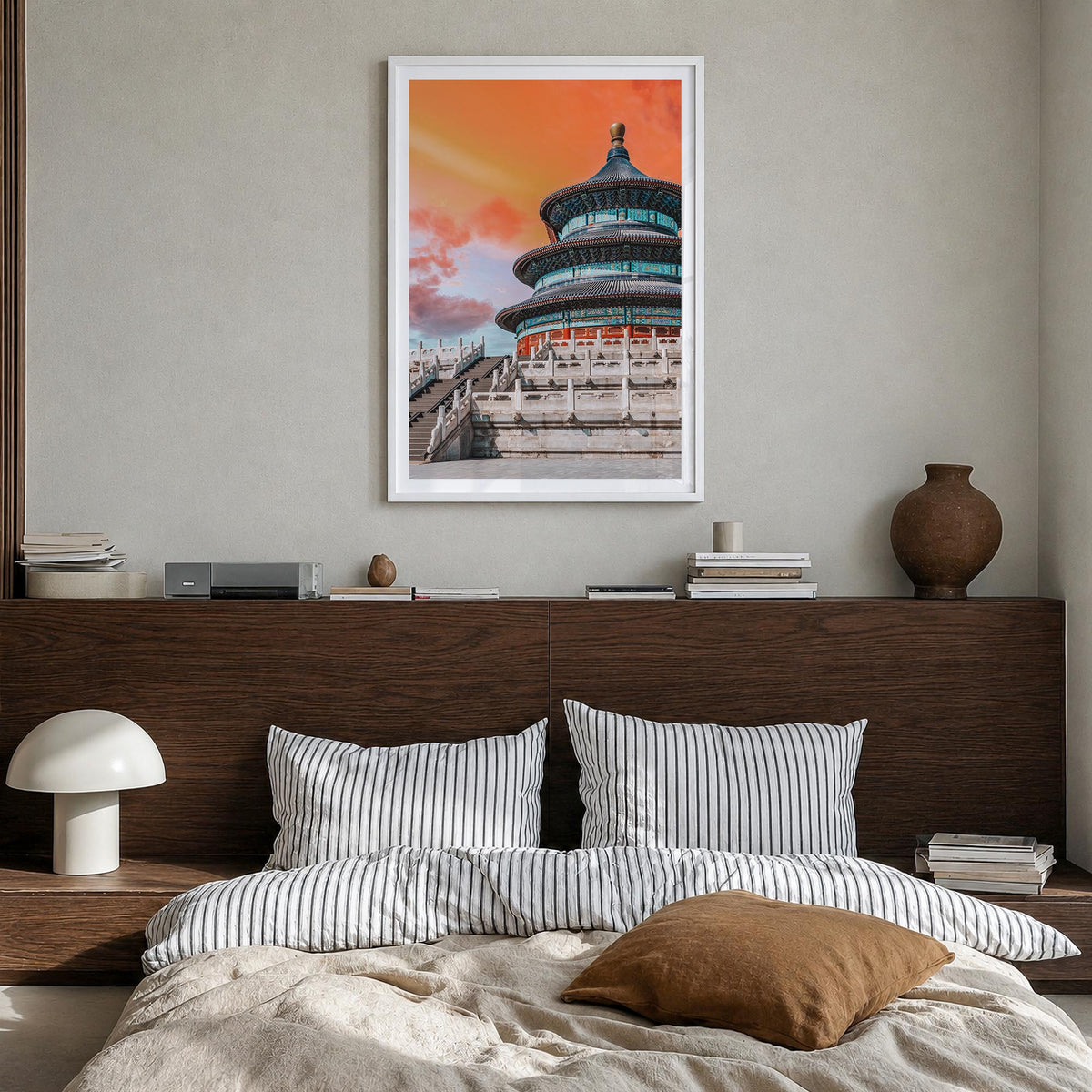 Beijing no. 3 colorful photo poster of China – vertical wall art in white wood frame with white border, hanging on wall