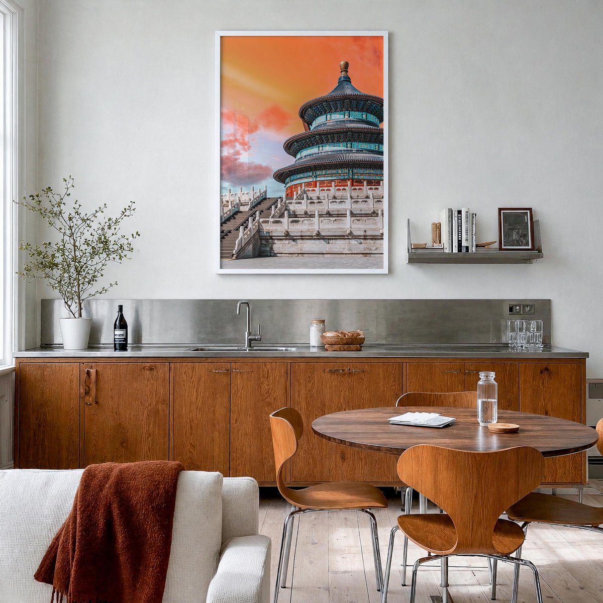 Beijing no. 3 colorful photo poster of China – vertical wall art in white wood frame, hanging on wall