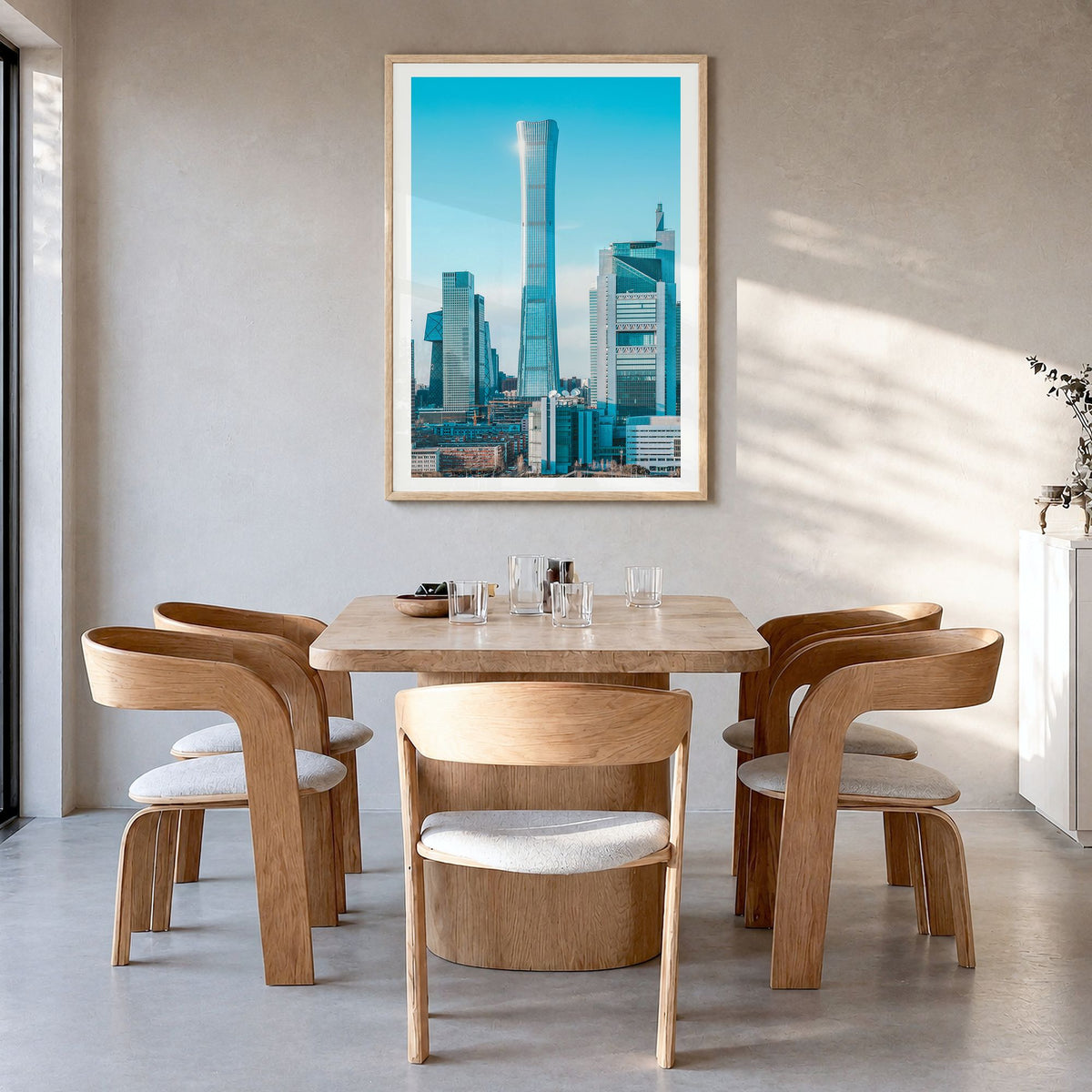 Beijing Photo No 1 Poster in a natural wood frame, hanging in a dining room, white border