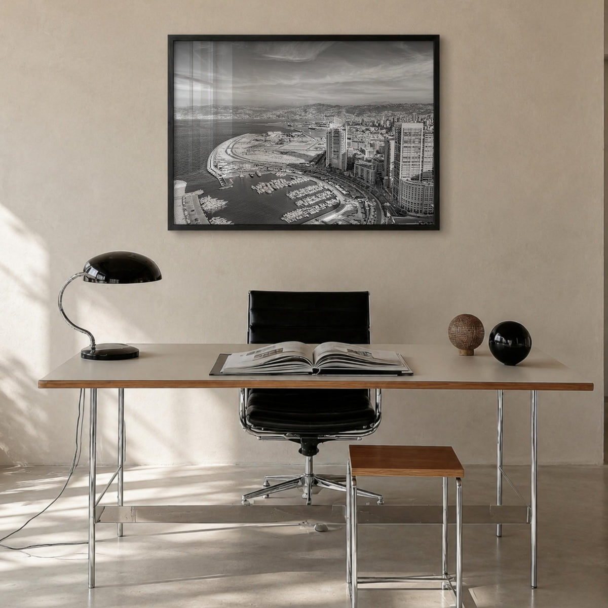 Beirut black & white photo poster of Lebanon – horizontal wall art in black wood frame, hanging on wall