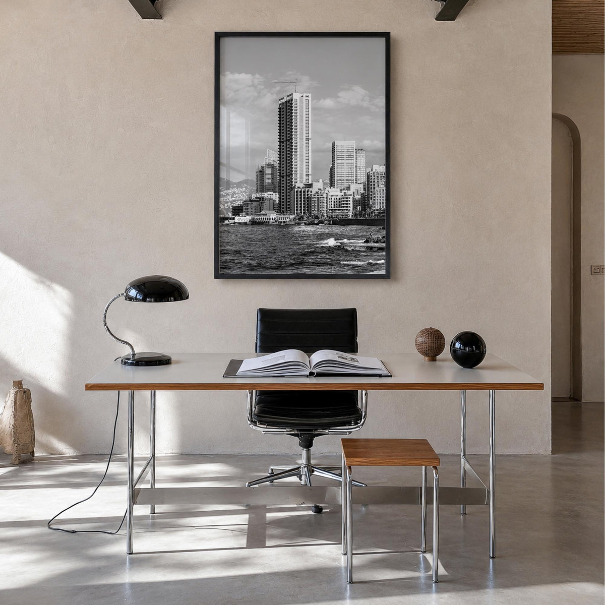 Beirut black & white photo poster of Lebanon – vertical wall art in black wood frame, hanging on wall