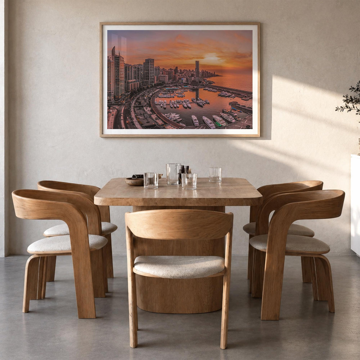 Beirut colorful photo poster of Lebanon – horizontal wall art in natural wood frame with white border, hanging on wall