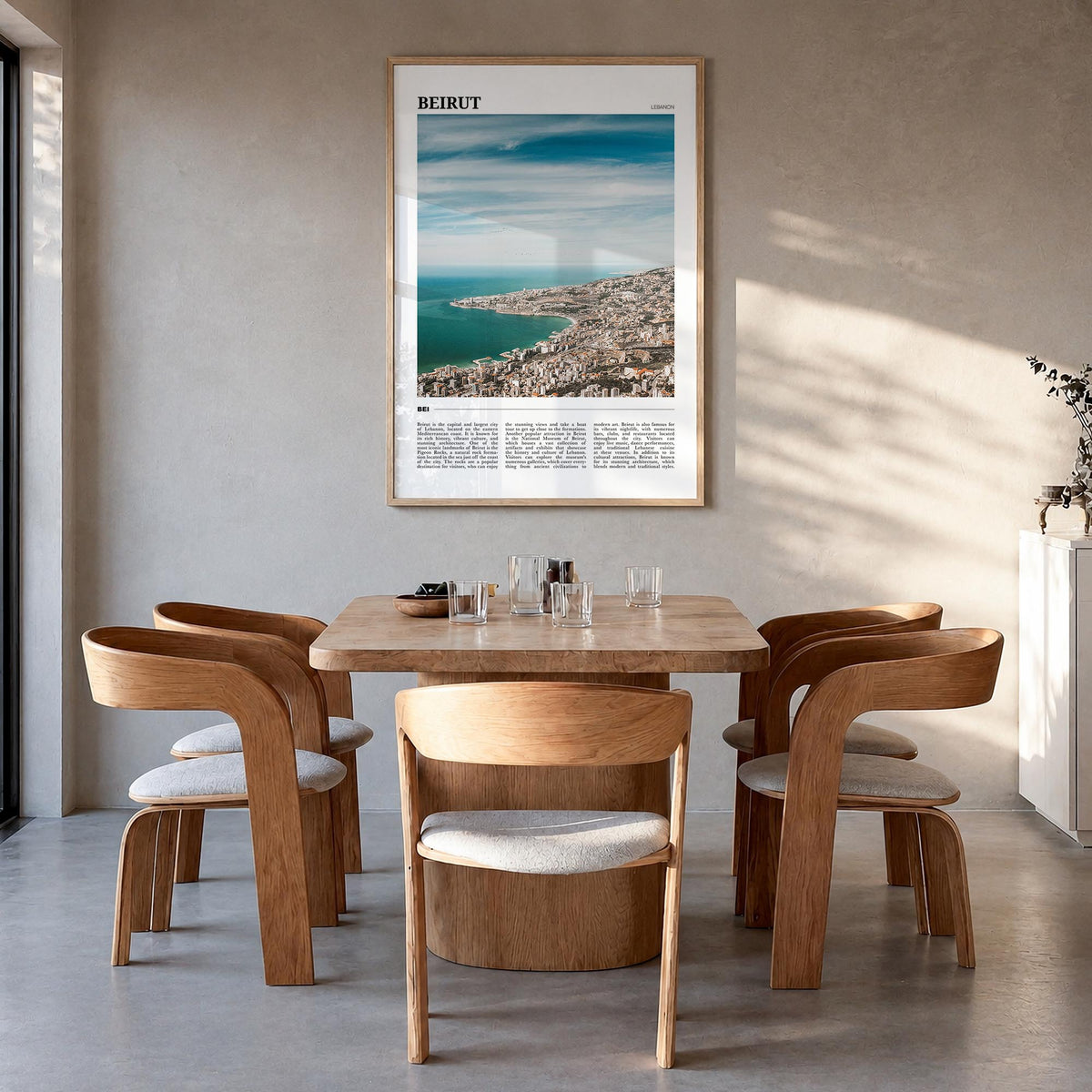 Beirut colorful travel poster of Lebanon – vertical wall art in natural wood frame, hanging on wall