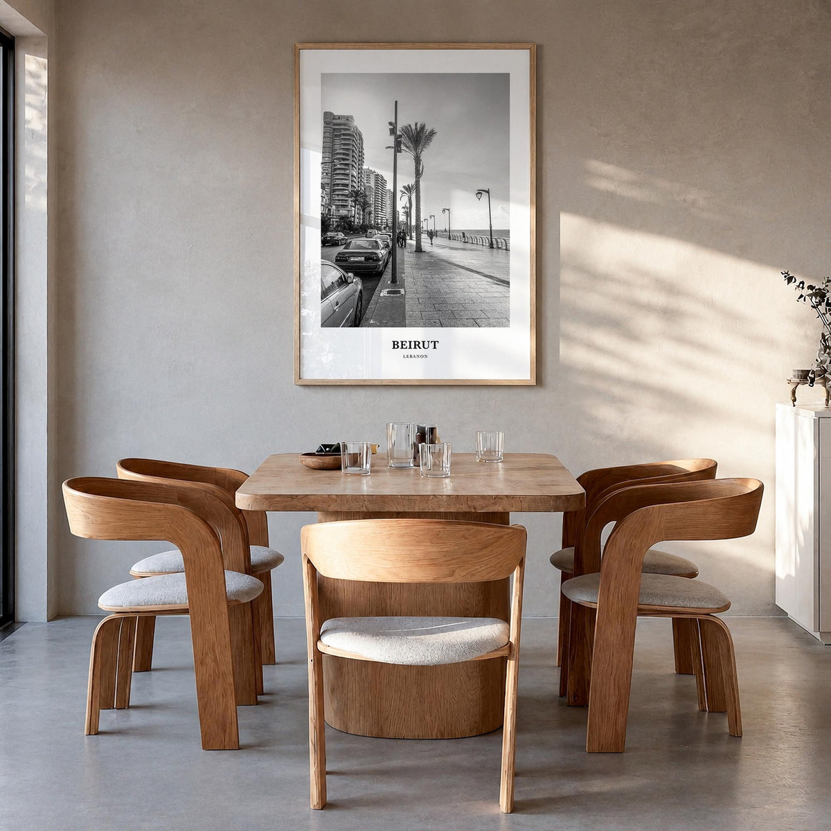 Beirut no. 1 black & white classic poster of Lebanon – vertical wall art in natural wood frame, hanging on wall