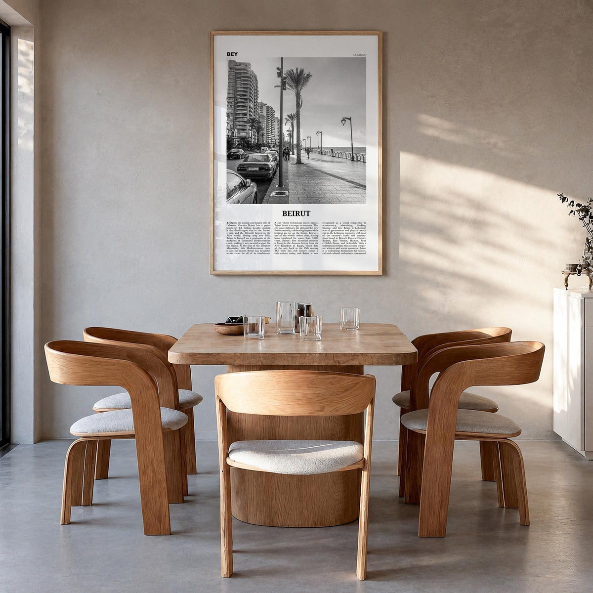 Beirut no. 2 black & white newspaper poster of Lebanon – vertical wall art in natural wood frame, hanging on wall